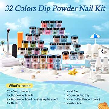 AZUREBEAUTY 42Pcs Dip Powder Nail Kit Starter - Going Summer, 32 Colors Blue Lilac Purple Pink Green Acrylic Nail Dipping Powder Set with Top/Base Coat Activator &Tray for French Art Manicure DIY Home