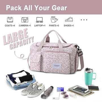 WOOMADA Foldable Travel Duffel Bag with Shoes Compartment, Overnight Bag with Wet Pocket & Trolley Sleeve, Weekender Bags for Women(A-pink leopard)