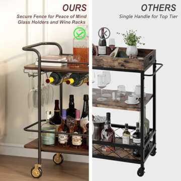 Wisdom Star 2 Tier Bar Cart with Wheels, Serving Cart with Wheels and 2 Handle, Outdoor Bar Cart for The Home with Wine Rack and Glass Holder, Kitchen Serving Cart for Home, Dining Room, Party, Black