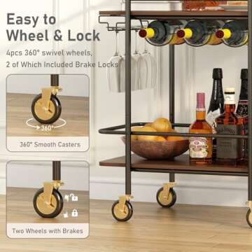 Wisdom Star 2 Tier Bar Cart with Wheels, Serving Cart with Wheels and 2 Handle, Outdoor Bar Cart for The Home with Wine Rack and Glass Holder, Kitchen Serving Cart for Home, Dining Room, Party, Black