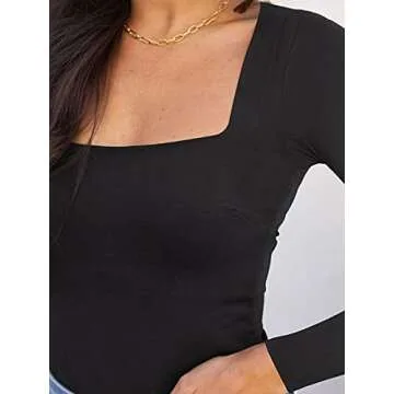 Womens Sexy Square Neck Double Lined Seamless Fitted Shirts Stretchy Long Sleeve Bodysuit Tops Black Small