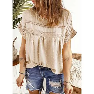 Dokotoo Women's Fashion Summer Short Sleeve Tops Round Neck Crochet Lace Hem Basic Tee Shirts Flowy Pom Pom Chiffon Blouses Babydoll Boho Clothing for Women Medium Apricot