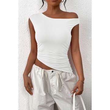 PRETTYGARDEN Womens 2024 Summer Off The Shoulder Crop Tops Sleeveless One Shoulder Ruched Asymmetrical Y2K Going Out Tank Top (White,Small)