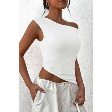 PRETTYGARDEN Womens 2024 Summer Off The Shoulder Crop Tops Sleeveless One Shoulder Ruched Asymmetrical Y2K Going Out Tank Top (White,Small)