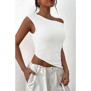 PRETTYGARDEN Womens 2024 Summer Off The Shoulder Crop Tops Sleeveless One Shoulder Ruched Asymmetrical Y2K Going Out Tank Top (White,Small)