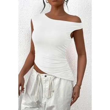 PRETTYGARDEN Womens 2024 Summer Off The Shoulder Crop Tops Sleeveless One Shoulder Ruched Asymmetrical Y2K Going Out Tank Top (White,Small)