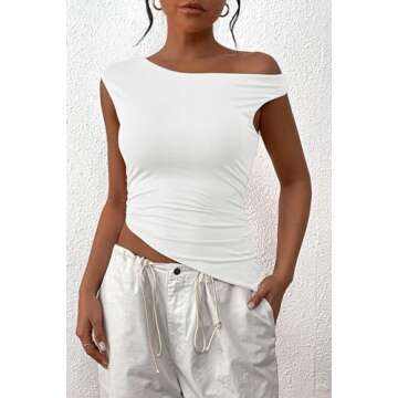 PRETTYGARDEN Womens 2024 Summer Off The Shoulder Crop Tops Sleeveless One Shoulder Ruched Asymmetrical Y2K Going Out Tank Top (White,Small)