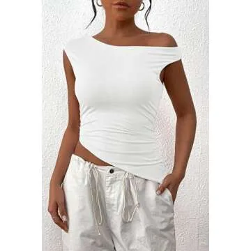 PRETTYGARDEN Womens 2024 Summer Off The Shoulder Crop Tops Sleeveless One Shoulder Ruched Asymmetrical Y2K Going Out Tank Top (White,Small)