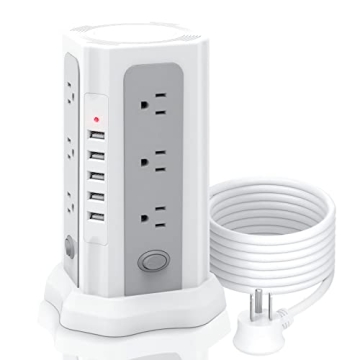 Power Strip Tower Surge Protector with 5 USB Ports, 12 Multiple Outlets, 6.5 FT Flat Plug Extension ...