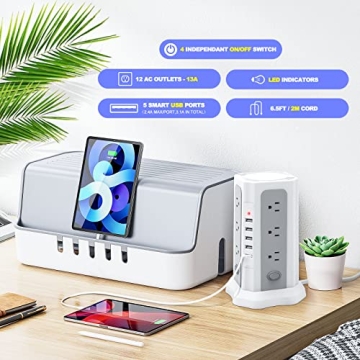 Power Strip Tower Surge Protector with USB and 12 Outlets