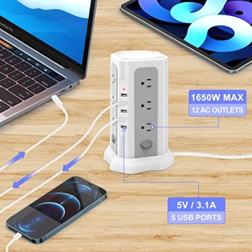 Power Strip Tower Surge Protector with USB and 12 Outlets