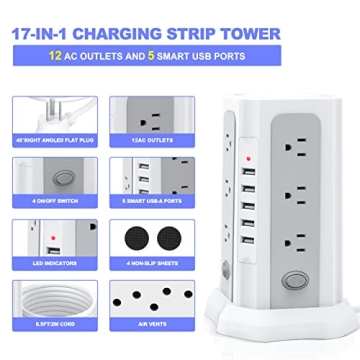Power Strip Tower Surge Protector with USB and 12 Outlets