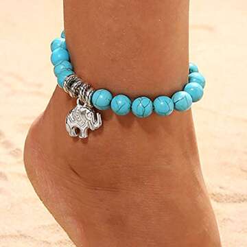 Fstrend Boho Anklet Chain Turquoise Ankle Bracelet Elephant Pendant Summer Beach Festival Foot Chains Jewelry for Women and Girls
