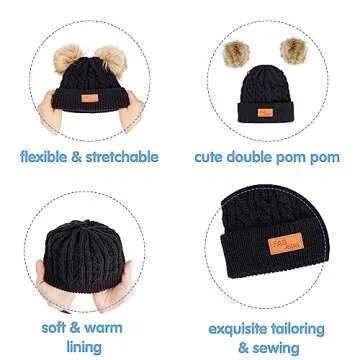 Century Star Baby Girl Hats Winter Cute Baby Beanie for Girls Boys Knit Baby Hats Warm Infant Toddler Beanie Pom Pom Cap 3Pcs Black & White & Gray One Size