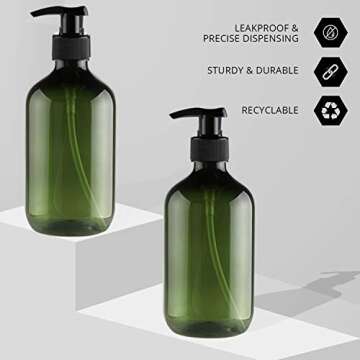 TEJAL 16oz Plastic Bottles with Pump, 2 Pack Liquid Soap Pump Bottles - Dark Green, Refillable Bottl...