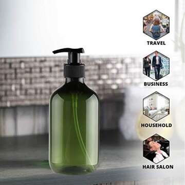 TEJAL 16oz Plastic Bottles with Pump, 2 Pack Liquid Soap Pump Bottles - Dark Green, Refillable Bottle for Cooking Sauces, Essential Oils, Bathroom, Kitchen, Office, Laundry Room, Lotions