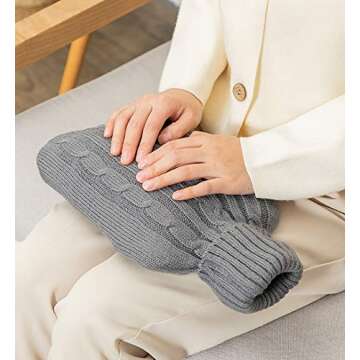 Attmu Hot Water Bottle with Cover Knitted, Transparent Hot Water Bag 2 Liter - White (Grey)