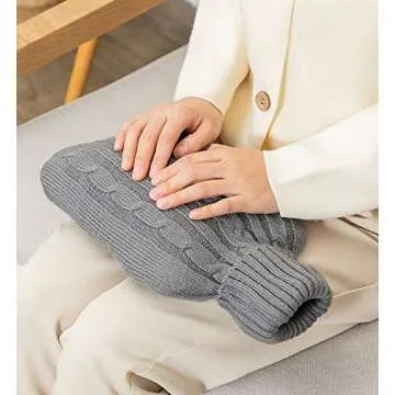 Attmu Hot Water Bottle with Cover Knitted, Transparent Hot Water Bag 2 Liter - White (Grey)