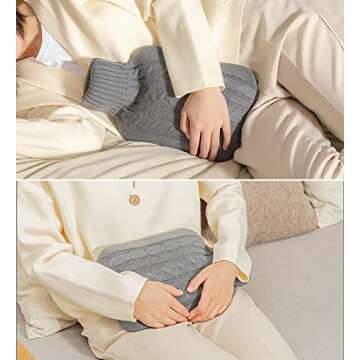Attmu Hot Water Bottle with Cover Knitted, Transparent Hot Water Bag 2 Liter - White (Grey)
