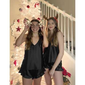 Ekouaer Satin Pajama Set for Women Silk Pjs for Women Set Camisole Top and Shorts with Ruffle Sleepwear Black