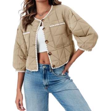 Tankaneo Womens Cropped Quilted Jacket Winter Lightweight Puff 3/4 Sleeve Button Down Contrast Trim Coat