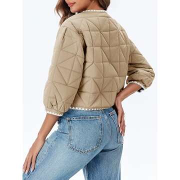 Tankaneo Womens Cropped Quilted Jacket Winter Lightweight Puff 3/4 Sleeve Button Down Contrast Trim Coat