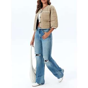 Tankaneo Womens Cropped Quilted Jacket Winter Lightweight Puff 3/4 Sleeve Button Down Contrast Trim Coat