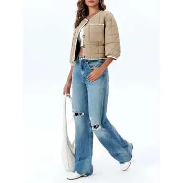 Tankaneo Womens Cropped Quilted Jacket Winter Lightweight Puff 3/4 Sleeve Button Down Contrast Trim Coat