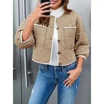 Tankaneo Womens Cropped Quilted Jacket Winter Lightweight Puff 3/4 Sleeve Button Down Contrast Trim Coat