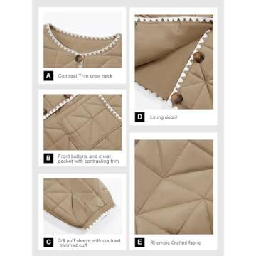 Tankaneo Womens Cropped Quilted Jacket Winter Lightweight Puff 3/4 Sleeve Button Down Contrast Trim Coat