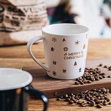 Coffee Mug or Tea Cup, Heat-resistant Large Wide Mouth Hot and cold Beverage Mugs (20oz), Shiny Gold Printed Ceramic Coffee Cups, the best choice for gifts (Christmas Frosted White)