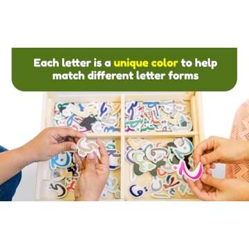 ILM Toolbox Build-A-Word Magnetic Arabic Letter Alphabet Set for Kids, 143 Wooden Arabic Letters in a Wooden Storage Box with Dry Erase Board