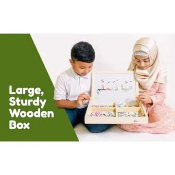 ILM Toolbox Build-A-Word Magnetic Arabic Letter Alphabet Set for Kids, 143 Wooden Arabic Letters in a Wooden Storage Box with Dry Erase Board