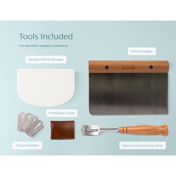 Proofing Set, by Kook, Sourdough Bread Baking Supplies, 2 Rattan Banneton Baskets, 2 Basket Covers, Metal Scraper, Plastic Scraper, Scoring Lame, 5 Blades and Case, Oval Shape