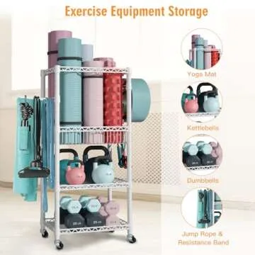 FUTASSI S1 Home Gym Storage, 3-Tier Workout Equipment Organizer with Wheels for Yoga Mats, Foam Roller, Dumbbells, Kettlebells, and Resistance Bands, 47.4" H x 27.5" W x 11.8" D, White