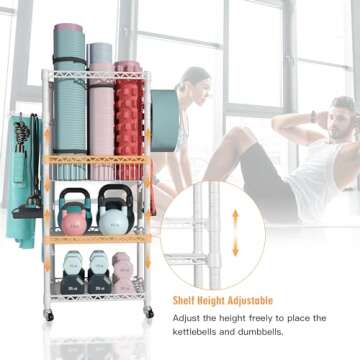 FUTASSI S1 Home Gym Storage, 3-Tier Workout Equipment Organizer with Wheels for Yoga Mats, Foam Roller, Dumbbells, Kettlebells, and Resistance Bands, 47.4" H x 27.5" W x 11.8" D, White