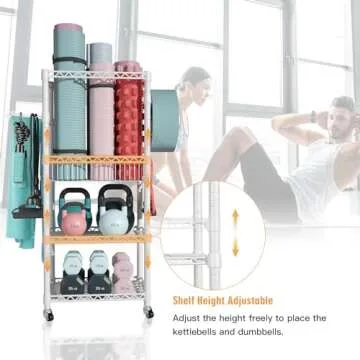 FUTASSI S1 Home Gym Storage, 3-Tier Workout Equipment Organizer with Wheels for Yoga Mats, Foam Roller, Dumbbells, Kettlebells, and Resistance Bands, 47.4" H x 27.5" W x 11.8" D, White