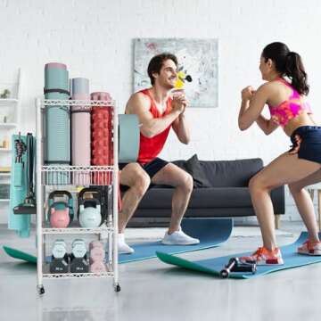 FUTASSI S1 Home Gym Storage, 3-Tier Workout Equipment Organizer with Wheels for Yoga Mats, Foam Roller, Dumbbells, Kettlebells, and Resistance Bands, 47.4" H x 27.5" W x 11.8" D, White