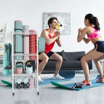 FUTASSI S1 Home Gym Storage, 3-Tier Workout Equipment Organizer with Wheels for Yoga Mats, Foam Roller, Dumbbells, Kettlebells, and Resistance Bands, 47.4" H x 27.5" W x 11.8" D, White