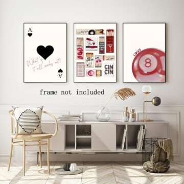 Trendy Red Wall Art Set of 3 Lucky You Posters Ace of Hearts Matchbox Print and Pool Ball Theme Vintage Preppy Aesthetic Decor For Red Bedroom Living Room Canvas poster 8x12inch Unframed