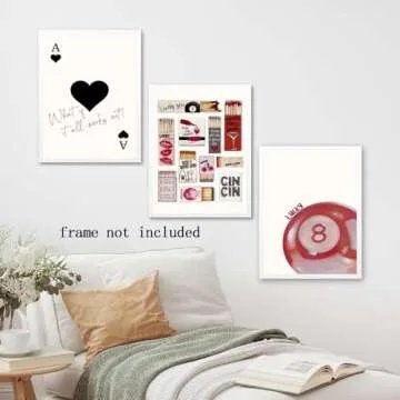 Trendy Red Wall Art Set of 3 Lucky You Posters Ace of Hearts Matchbox Print and Pool Ball Theme Vintage Preppy Aesthetic Decor For Red Bedroom Living Room Canvas poster 8x12inch Unframed