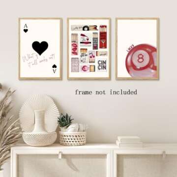 Trendy Red Wall Art Set of 3 Lucky You Posters Ace of Hearts Matchbox Print and Pool Ball Theme Vintage Preppy Aesthetic Decor For Red Bedroom Living Room Canvas poster 8x12inch Unframed