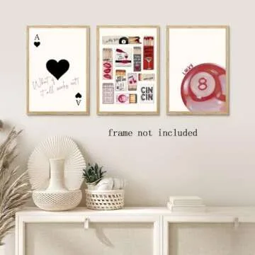 Trendy Red Wall Art Set of 3 Lucky You Posters Ace of Hearts Matchbox Print and Pool Ball Theme Vintage Preppy Aesthetic Decor For Red Bedroom Living Room Canvas poster 8x12inch Unframed