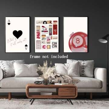 Trendy Red Wall Art Set of 3 Lucky You Posters Ace of Hearts Matchbox Print and Pool Ball Theme Vintage Preppy Aesthetic Decor For Red Bedroom Living Room Canvas poster 8x12inch Unframed