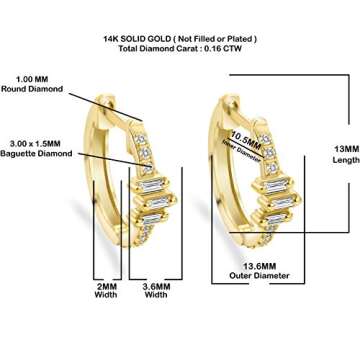 14K Gold Diamond Baguette Huggie Hoops - Prong-Set Solitaire Diamond Earrings - Stunning 0.16 CTW Di...