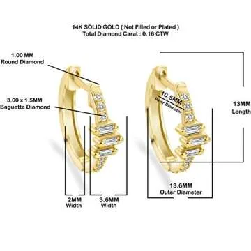 14K Gold Diamond Baguette Huggie Hoops - Prong-Set Solitaire Diamond Earrings - Stunning 0.16 CTW Di...
