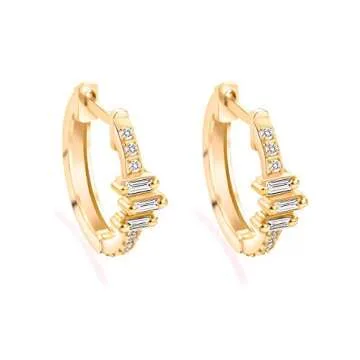 14K Gold Diamond Baguette Huggie Hoops - Prong-Set Solitaire Diamond Earrings - Stunning 0.16 CTW Diamond Hoop Earrings - Perfect Wedding, Birthday, Christmas Gift