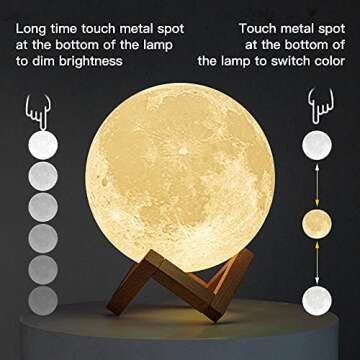 BRIGHTWORLD Moon Lamp Moon Night Light 3D Printed 7.1IN Lunar Lamp for Kids Gift for Women USB Rechargeable Touch Control Brightness Warm and Cool White