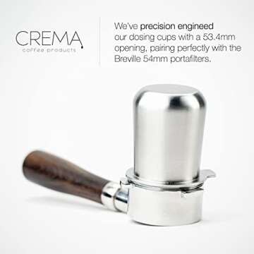 Crema Coffee Products | 54mm Dosing Cup | Brushed Silver | 100% Stainless Steel | Espresso Coffee Dosing Cup | Fits 54mm Breville Portafilters