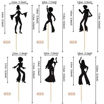 24 PCS Black Glitter 70s Disco Cupcake Toppers for Weddings & Parties